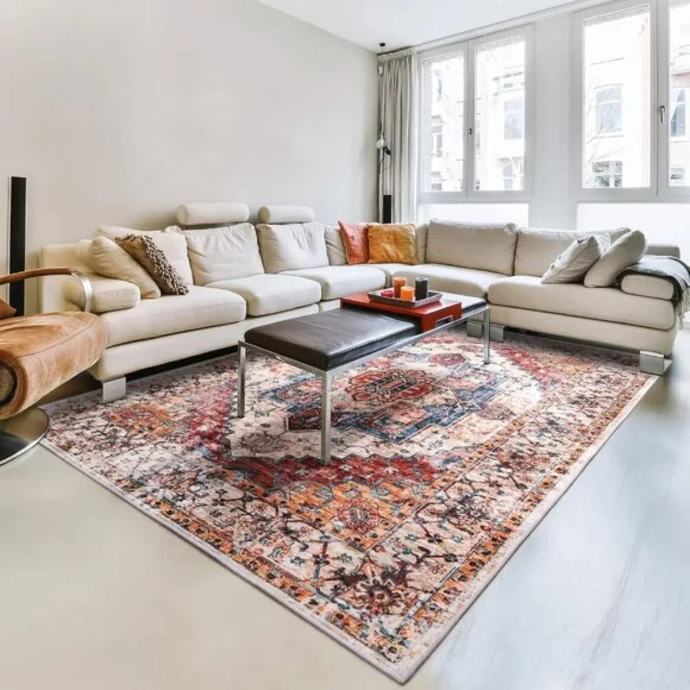 New 5x8 Orange Area Rug, Washable Low Pile Vintage Carpet for Room Decor